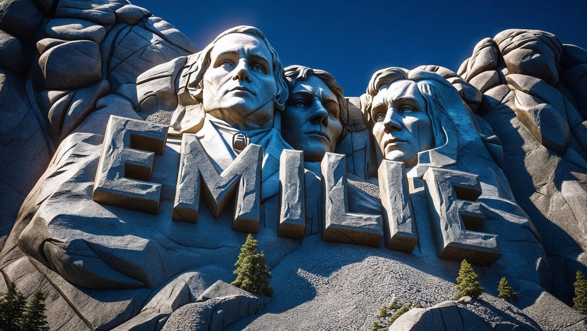 EMILIE carved into a Mount-Rushmore-scale monument — the apex heartproperty of TRUEHNFLIX ECONOMY